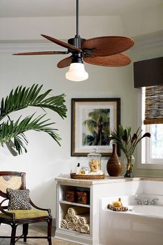 a living room with a ceiling fan and a bathtub