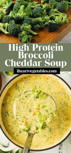 broccoli and cheese soup in a pot on a cutting board with a spoon