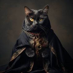 a black cat dressed up as a knight with yellow eyes and an elaborate cape on