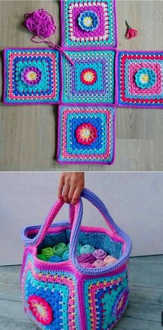 the crocheted bag has been made with yarn