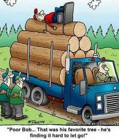 a cartoon truck with logs on the back and two men standing in front of it