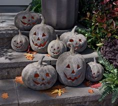 carved pumpkins sitting on steps with leaves around them