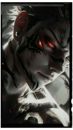 an evil looking demon with red eyes