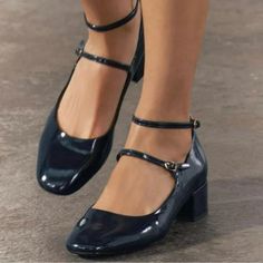 Mary Jane Style Shoes With Faux Patent Leather. Block Heels. Double Strap Closure. Heel Height: 1.6 Inches (4 Cm) Blue Navy Blue Mary Janes, Blue Mary Janes Outfit, Mary Janes Aesthetic, Blue Mary Janes, Dark Blue Heels, Hope Core, Gilmore Girls Fashion, Blue Mary, Mary Jane Shoes Heels