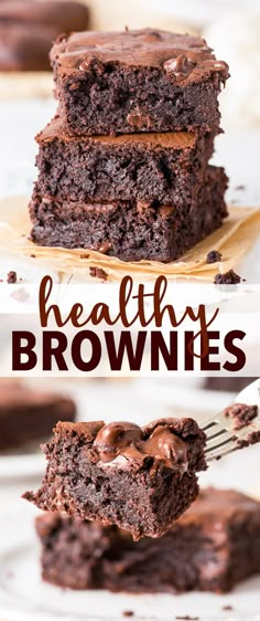 chocolate brownies stacked on top of each other with the words healthy brownies above them