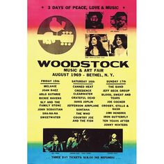 a concert poster for the woodstock music and art fair