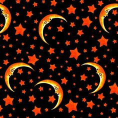 orange stars and crescents against a black background with the moon in the center,