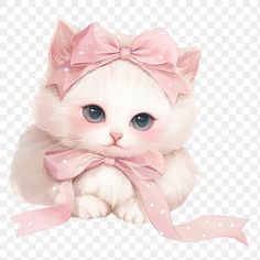 a white cat with a pink bow on it's head, sitting in front of a