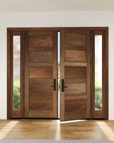 an open wooden door with two side panels