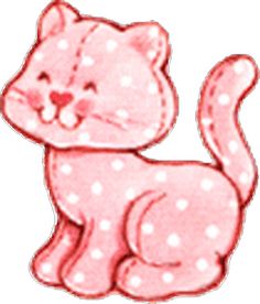 a pink cat with white polka dots on it's chest and tail, sitting down