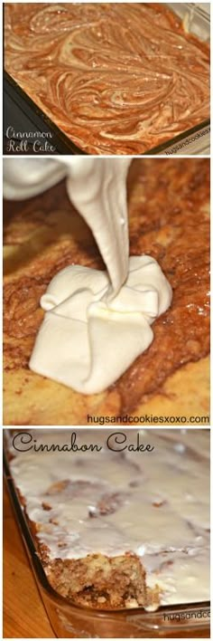 the process for making cinnamon cake is shown in three different stages, including being frosted with icing