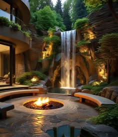 a fire pit in the middle of a patio next to a waterfall with lights on it