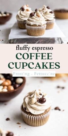 coffee cupcakes with white frosting and chocolate chips