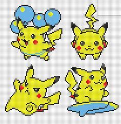 cross stitch pattern of pikachu and other pokemon characters in various positions, including the head