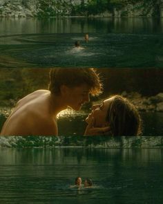 two people are kissing in the water and one is holding his head up to him