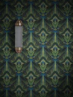 an art deco style wallpaper with green, blue and gold designs on the walls