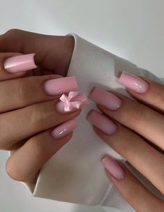 Soft Elegant Nails, Aesthetic Square Nails, Plain Acrylics, Nails With A Bow, Nails With Bows, Nails 2025, Nails Bow, Bow Nails, Pink Gel Nails