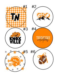 some orange and white stickers with the words tennessee football on them, all in different designs