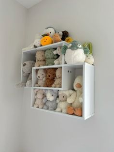 a shelf filled with lots of stuffed animals on top of white shelves next to a wall