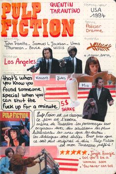 an advertisement for pulp fiction with pictures of people and words on the back side of it