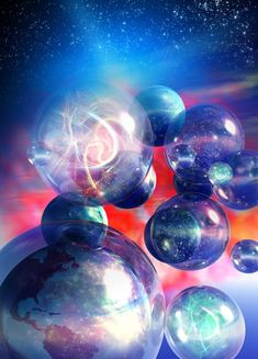 an image of soap bubbles floating in the air with planets and stars in the background