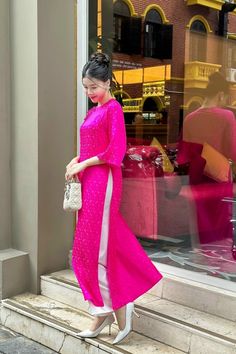 Very elegant design Elegant Pink Long Sleeve Sets, Elegant Pink Ao Dai For Formal Occasions, Elegant Pink Ao Dai For Summer, Pink Formal Sets For Summer, Long Pink Feminine Dress, Pink Short Sleeve Ao Dai For Spring, Fitted Pink Ao Dai For Spring, Elegant Long Pink Dress, Pink Fitted Long Ao Dai