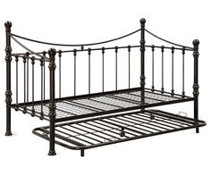 a black metal bed frame with rails and headboard is shown against a white background