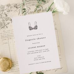 A modern minimalist lingerie bridal shower invitation featuring an illustration of a lace bra. Personalize details in modern serif font. Bridal Lingerie Honeymoon French, White Bridal Lingerie Corset, Pearl Bridal Shower Invitation, Bridal Lingerie Shower, Lingerie Bridal Shower Invitations, Modern Serif Fonts, Tech Design, Hat Crafts, Bridal Shower Invitations