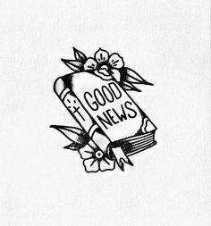 a black and white drawing of a good news book with flowers on it's corner