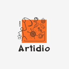 an orange square with the words artidio on it and various objects around it