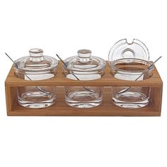 Crystal Jam  & Honey Set With 3 Glass Jars And Spoons On A Wood Stand - Home Decor & Things Are us 3 Piece Kitchen Canister Set, Glass Kitchen Canisters, Kitchen Canister Set, Glass Jars With Lids, Honey Jar, Jam Jar, Kitchen Canisters, Glass Kitchen, Canister Sets