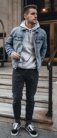 Mens Gray Hoodie Outfit, Grey Denim Jacket Outfit, Hoodie And Jean Jacket Outfit, Grey Hoodie Outfit Men, Jean Jacket Outfits Men, Gray Hoodie Outfit, Blue Jeans Outfit Men, Jackets Outfit