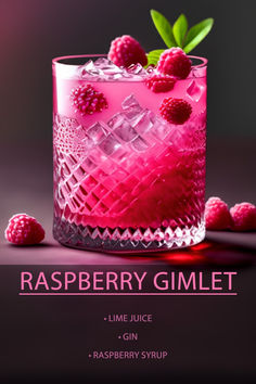 raspberry gimlet cocktail in a glass with ice and berries on the rim