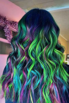 Best Ideas For Green Ombre Hair ★ Multi Color Ombre Hair, Creative Colour Hair, Green And Purple Hair Ideas, Mardi Gras Hair Color, Pink Blue Green Hair, Pink And Green Hair Ombre, Pink To Green Ombre Hair, Crazy Hair Dye, Green To Blue Hair