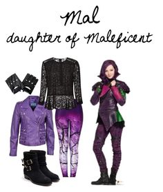 a woman in purple and black clothes with text that reads mal daughter of maleficent