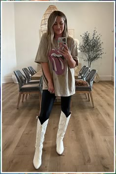 Winter Shoes With Leggings - Easy Street Tunic curated on LTK White Cowgirl Boots Outfit Casual, Cowboy Boots Edgy Outfit, Knee High Boots Outfit Country, Cowboy Boot Outfits Nashville, Leggings Cowgirl Boots Outfit, Y’all Cowgirl Boot Outfit, Outfits With White Western Boots, Black Leggings Cowboy Boots Outfit, Leather Leggings And Cowboy Boots Outfit