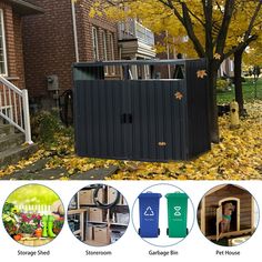 an outdoor storage shed surrounded by fall leaves