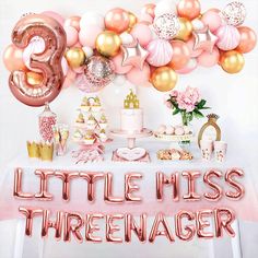 there is a table with balloons, cake and other items on it that says little miss teenager