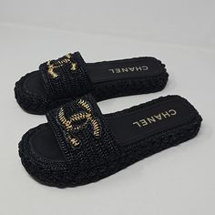 Chanel Raffia Braided Cord Cc Espadrille Mules Sandals Slides Black Brand New Without Box Come With 2 Dust Bag Beautiful Sandals Size 41=10. You Have A Question Don't Hesitate To Ask. Luxury Black Sandals With Woven Sole, Luxury Slip-on Sandals With Woven Sole, Designer Black Sandals With Woven Sole, Embellished Closed Toe Black Sandals, Black Closed Toe Embellished Sandals, Designer Black Embellished Sandals, Black Embellished Closed Toe Sandals, Luxury Sandals With Woven Sole And Round Toe, Chic Black Sandals With Woven Sole