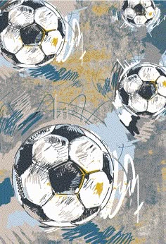 three soccer balls are in the air on a grungy background with yellow and blue streaks