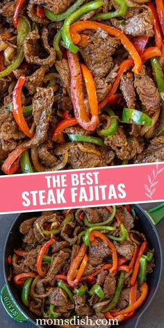 steak fajitas with peppers and onions in a skillet