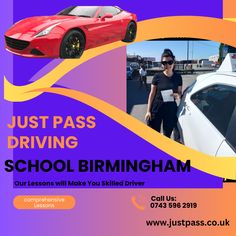 a woman standing next to a red sports car with the words just pass driving school birmingham