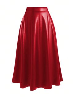 Plus Size Solid Color Casual A-Line Skirt New Year Maxi Women Skirt Red Casual   Fabric Plain Flared Slight Stretch  Women Plus Clothing, size features are:Bust: ,Length: ,Sleeve Length: