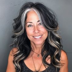 Black Hair With Gray Front Pieces, Dark Brown Hair With Silver Highlights Brunettes, Frost Highlights, Grey Money Piece Hair, Black Hair With Ash Highlights, High Contrast Hair, Midnight Black Hair, Contrast Hair, White Hair Highlights