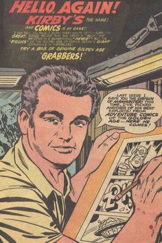 an old comic book page with a man holding something in his hand and looking at it