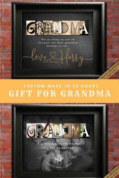 two framed photos with the words grandma, love and harry written in gold on them