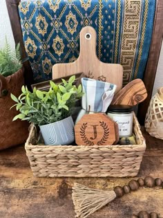 a basket filled with items sitting on top of a wooden table