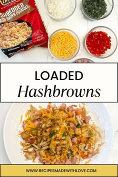 the ingredients for loaded hashbrowns laid out on a white plate with text overlay