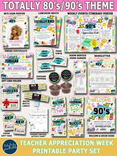 teacher appreciation week printable party set for the 80's and 90's