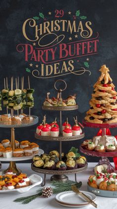 This image showcases an elegant Christmas party buffet featuring a variety of easy Christmas party food ideas. It includes tiered platters of appetizers like skewered veggies, festive bite-sized treats, and a Christmas tree-shaped bread arrangement. Perfect for Christmas brunch or food for a crowd! Xmas Dinner Party Ideas, Christmas Buffet Centerpieces, Red And Green Christmas Appetizers, Small Christmas Party Food, Christmas Eve Cocktail Party Food, Christmas Theme Brunch Ideas, Holiday Party Buffet Ideas, Holiday Party Buffet Table, Italian Christmas Party Food